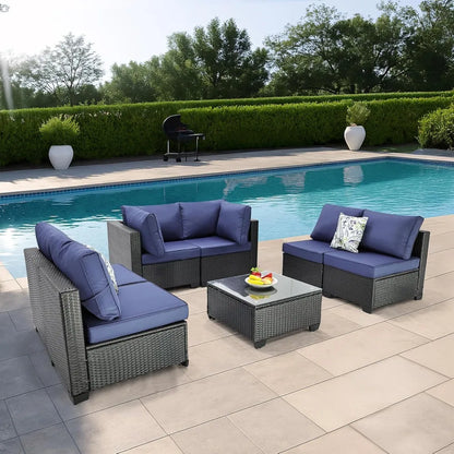 7 Pieces Outdoor Patio Furniture Sets, PE Rattan Wicker Patio Conversation Set with Tea Table (2BLACK/BL, B/ZB)