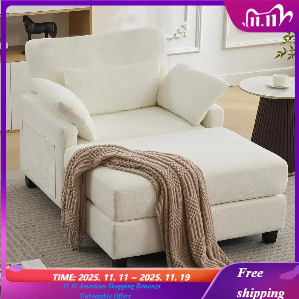 White Chenille Oversized Chaise Lounge with Ottoman 57.5 Inch Reading Chair Comfortable Sofa Bed for Indoor Furniture