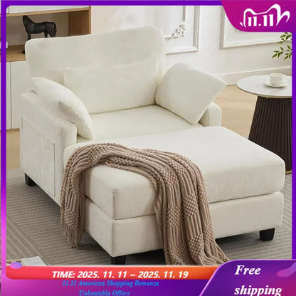 White Chenille Oversized Chaise Lounge with Ottoman 57.5 Inch Reading Chair Comfortable Sofa Bed for Indoor Furniture