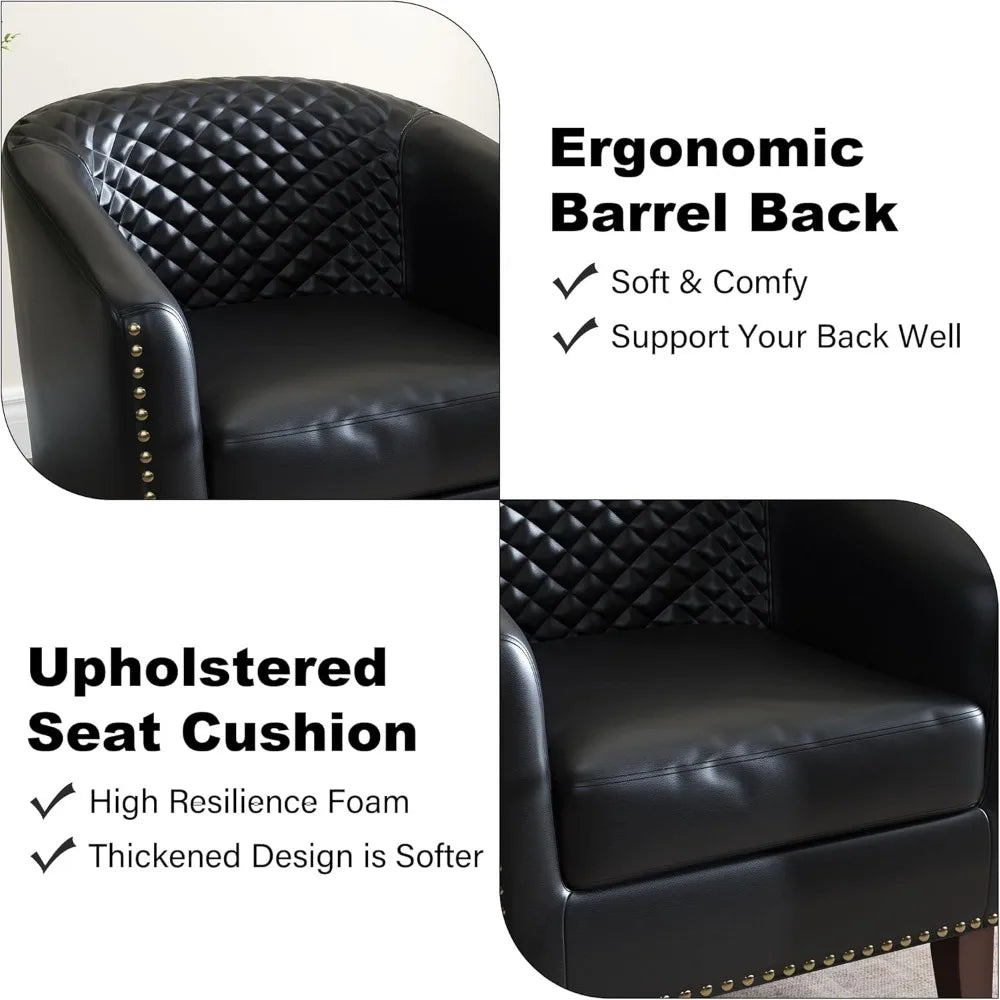 Upholstered Faux Leather Club Chair with Nailed Trim, Comfortable Reading Armchair for Living Room and Bedroom Reception