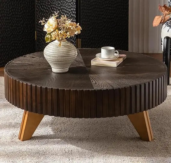 Modern Rustic Walnut Coffee Table - Space-Saving Pedestal Design for Contemporary Living Rooms