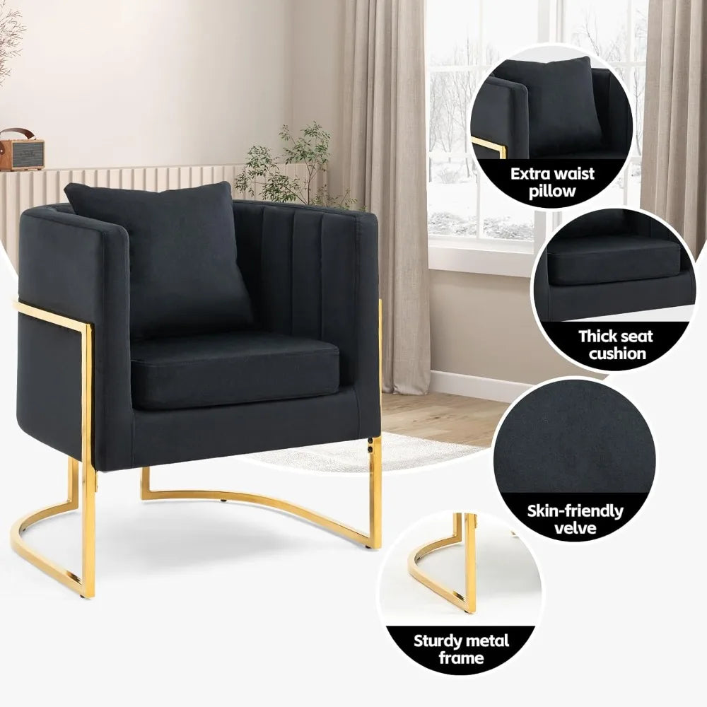 Modern Velvet Barrel Armchair with Lumbar Pillow, Mid-Century Upholstered Accent Chair for Living Room, Bedroom, Single Sofa Clu