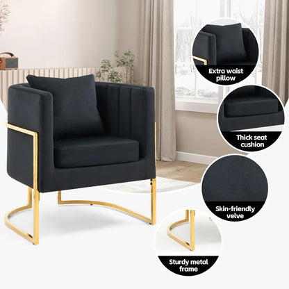 Modern Velvet Barrel Armchair with Lumbar Pillow, Mid-Century Upholstered Accent Chair for Living Room, Bedroom, Single Sofa Clu