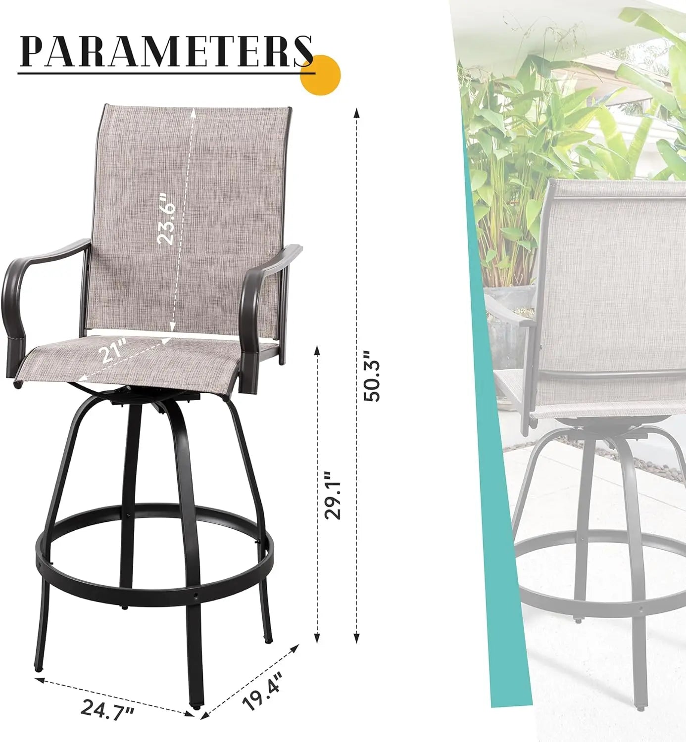 All-Weather Metal Textile High Swivel Bar Stools, 2-Piece Patio Swivel Chairs, Outdoor Bistro Set for Backyard