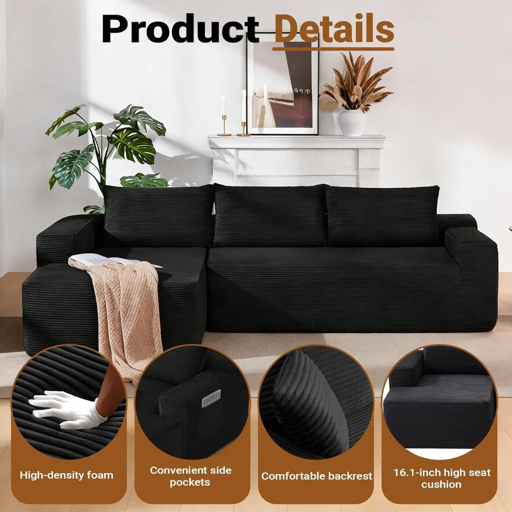 97" Modular Sectional Sofa L-Shape Chaise Deep Seat Corduroy Foam Living Room Left Facing No Assembly Black, Custom