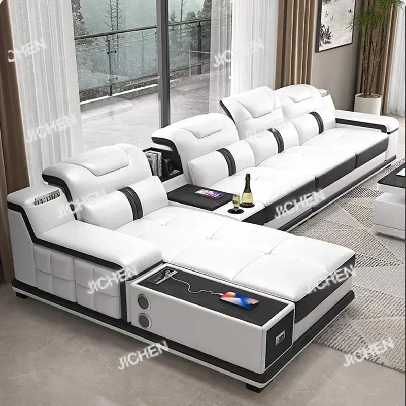 Luxury Italian Genuine Leather Sectional Sofa Set With Bluetooth Speaker And USB Ports Cow Leather Divano Living Room Furniture