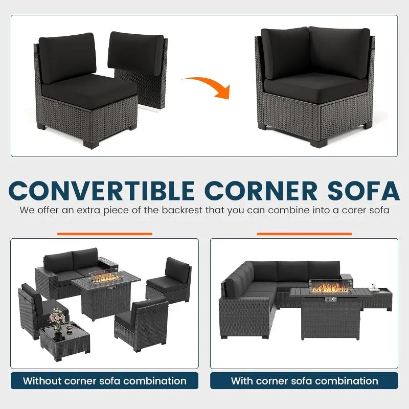 7 Piece Patio Furniture Set with Fire Pit Table, Outdoor Sectional Conversation Sets Black Wicker Rattan Sofa with Coffee Table