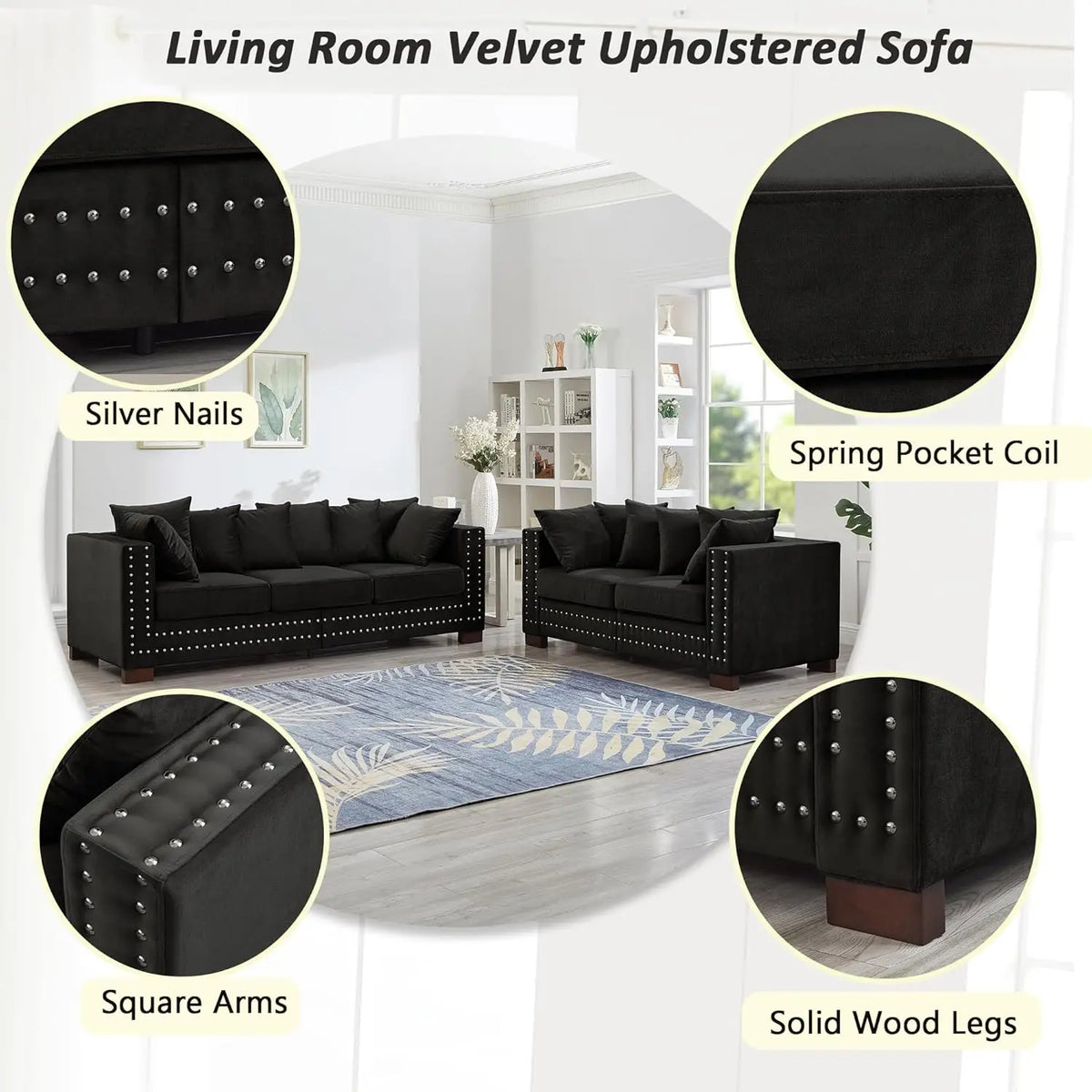 2-Piece Modern Velvet Upholstered 2+3 Seater Sofa Set with Storage Space, Loveseat and Sofa Couch with Silver Nail Trim