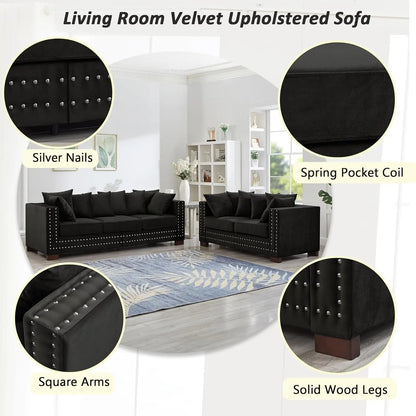 2-Piece Modern Velvet Upholstered 2+3 Seater Sofa Set with Storage Space, Loveseat and Sofa Couch with Silver Nail Trim
