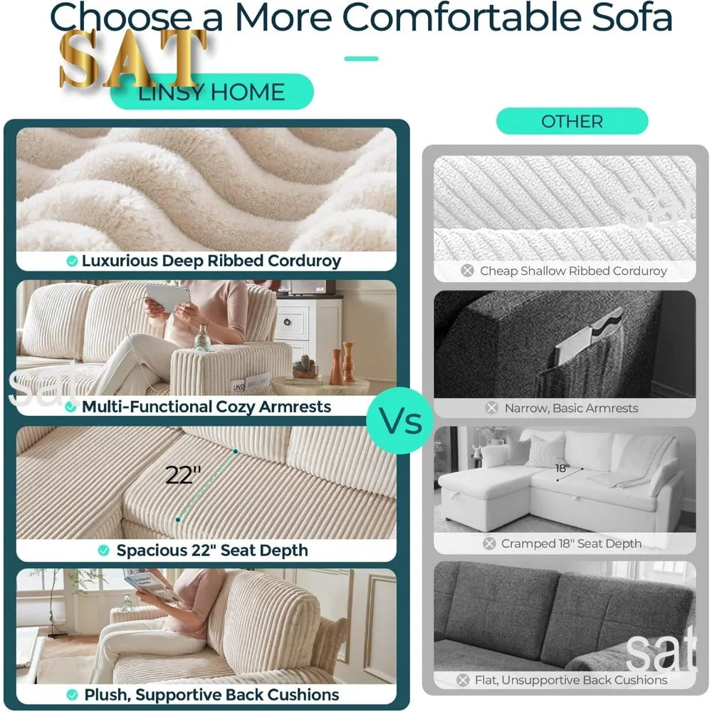 Convertible Plush Corduroy Cloud Couch with Storage Chaise & USB Charging