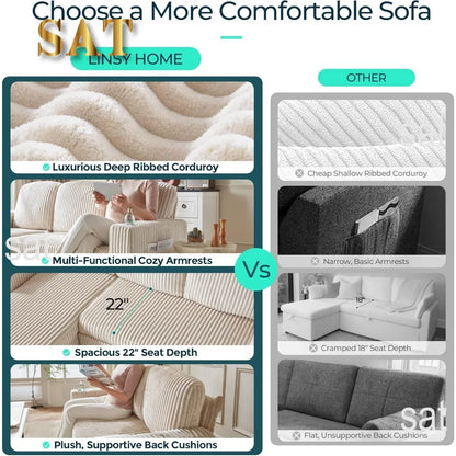 Convertible Plush Corduroy Cloud Couch with Storage Chaise & USB Charging