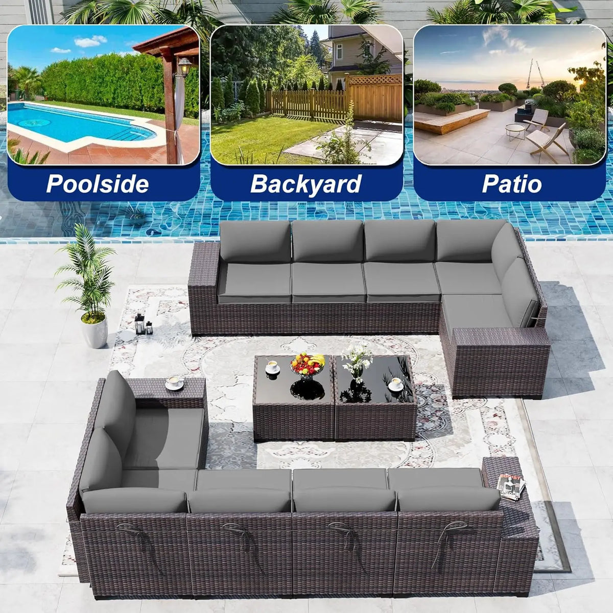 12pc High Back All-Weather PE Rattan Patio Sectional Sofa Set with Coffee Table & Cushions Outdoor Garden Use , Custom