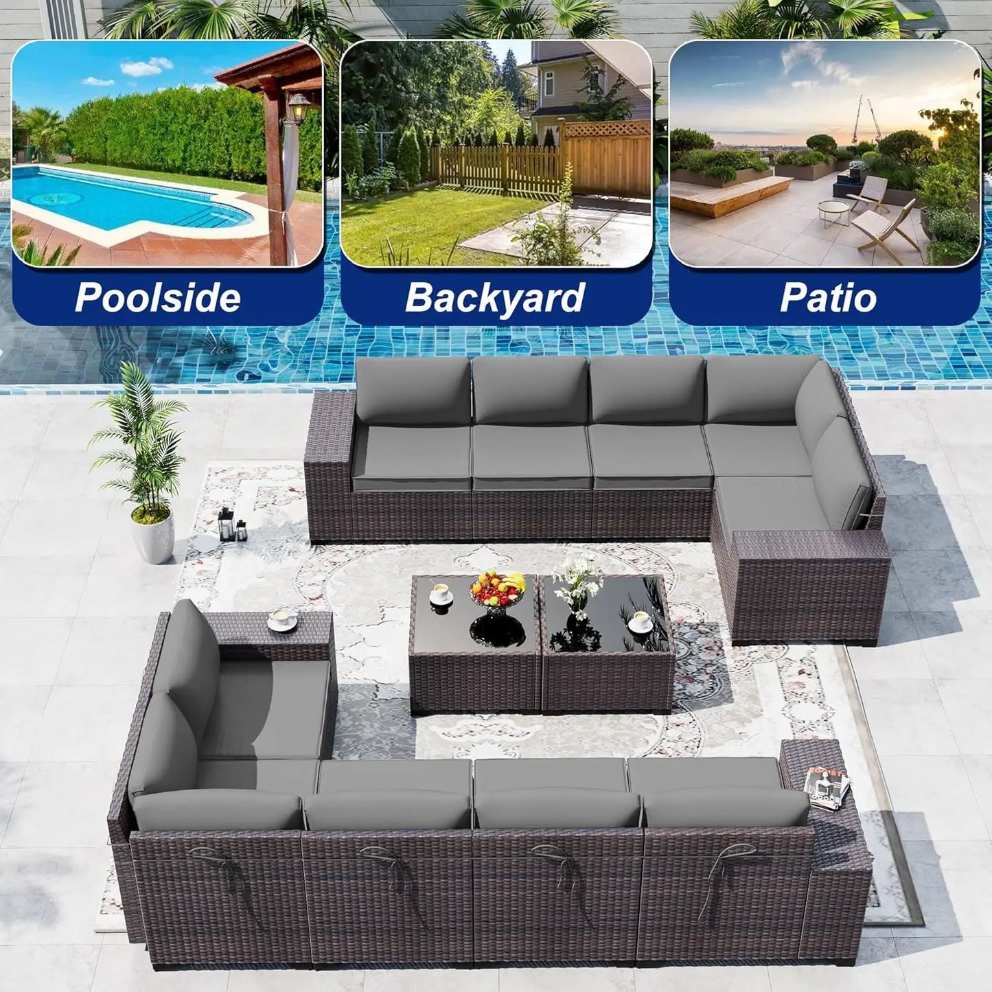 12pc High Back All-Weather PE Rattan Patio Sectional Sofa Set with Coffee Table & Cushions Outdoor Garden Use , Custom