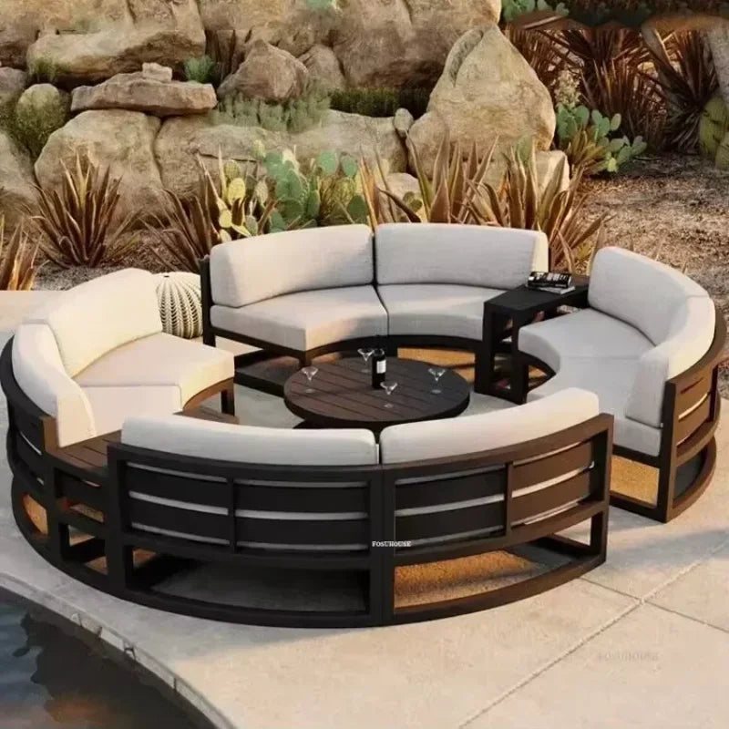 Outdoor Waterproof Sun Protection Garden Sofas Curved Outdoor Sofa Aluminum Alloy Courtyard Villa Reception Sofa Coffee Table L
