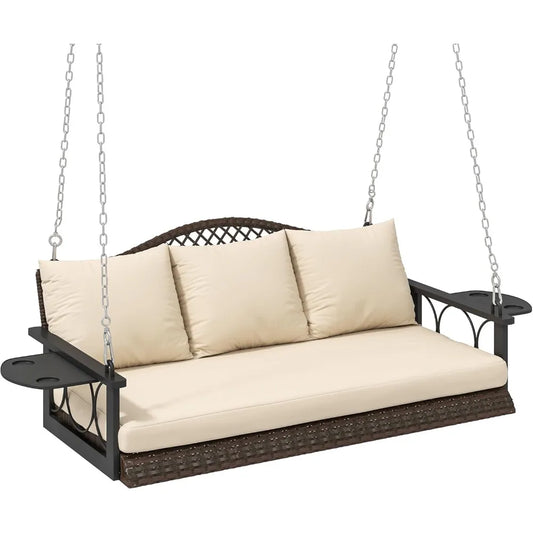 3 Person Wicker Porch Swing Chair Heavy Duty 800 LBS with Cup Holder, 57 Inch Outdoor Rattan Patio Hanging Swing Bench