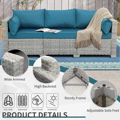 Outdoor Couch 3 Seater Wicker Patio Sofa Grey Rattan Deep Seat Balcony Furniture Porch Seating with Peacock Blue Cushion