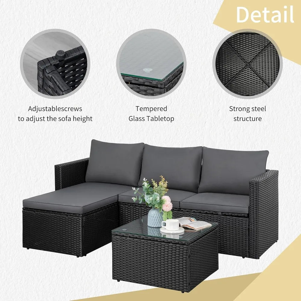 Patio Furniture Set 3 Piece Outdoor Sectional Patio Sofa, All-Weather Wicker Rattan Outdoor Furniture Set with Glass Table and