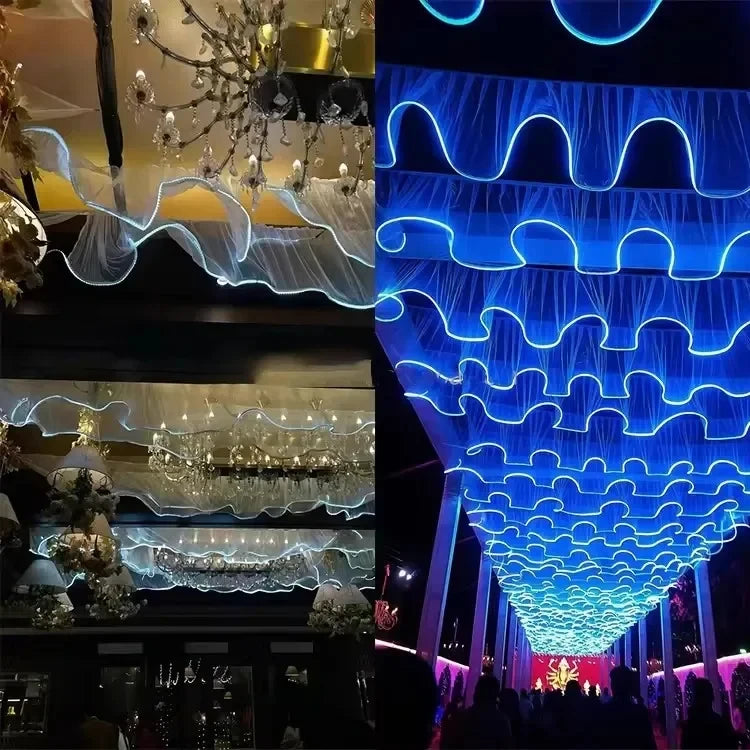 Glowing Curtain for Wedding Ceiling Decor, White Wave Tulle Fabric with Lights, Romantic Party Christmas Event Decoration