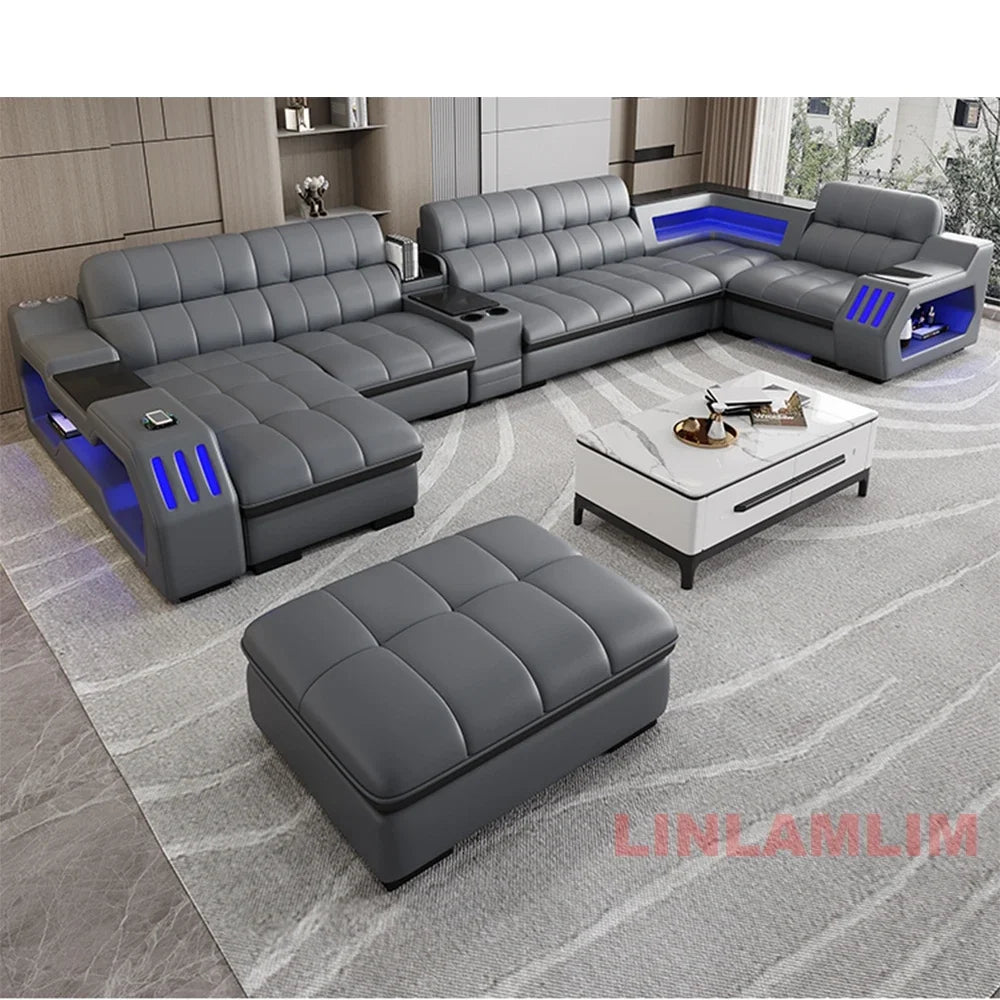 Modern Sectional Sofa Bed with LED Light, Electric Recliner and Massage | Living Room Genuine Leather Couch with Cup Holder, USB