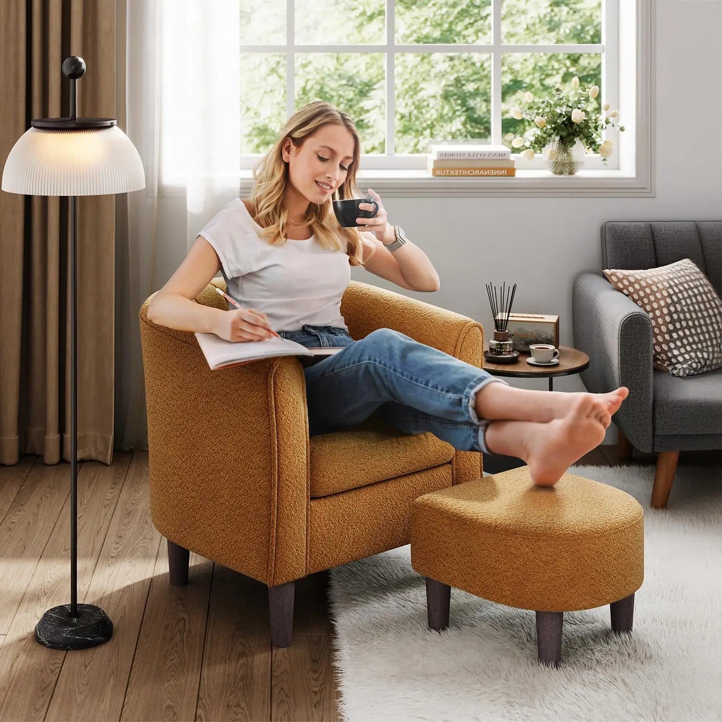 Modern Chenille Accent Chair with Ottoman, Orange Barrel Armchair for Living Room Bedroom Office