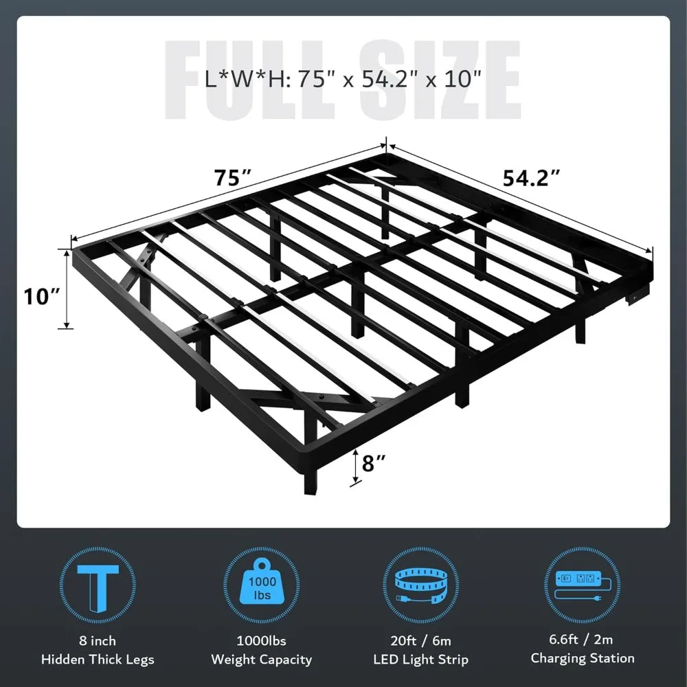 Floating Bed Frame with Charging Station and Led Light, Platform Metal Bed Frame with Heavy Duty Steel Slats Support