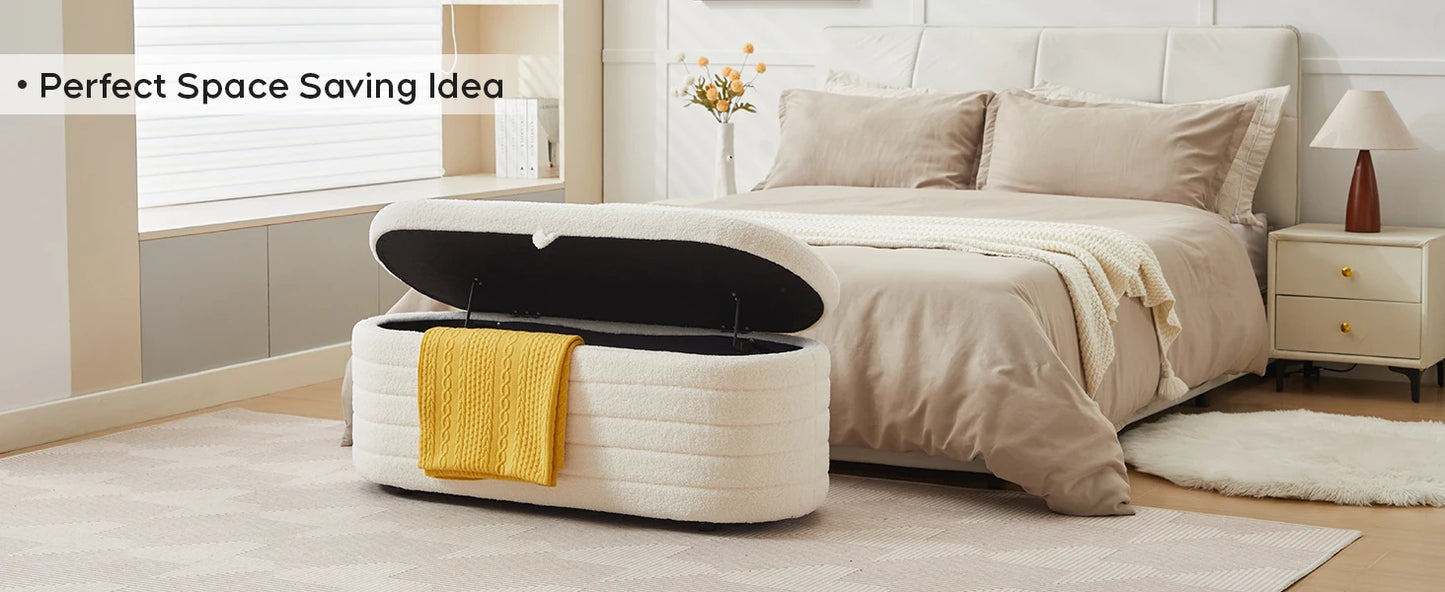 TODRANI 45" Storage Ottoman Bench, 300 Lb Capacity Teddy Upholstered, Safety Hinge, Flip-Top Oval Foot Rest With Foot Pads