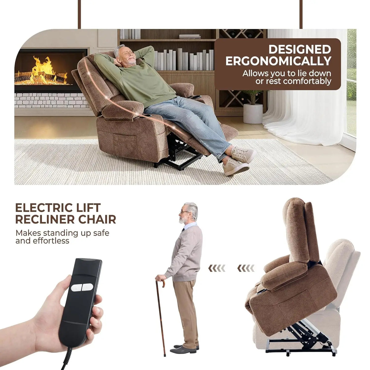 Manual Recliner Massage Heat Breathable Fabric 2 Cup Holders Side Pockets Overstuffed Living Room Brown Customized