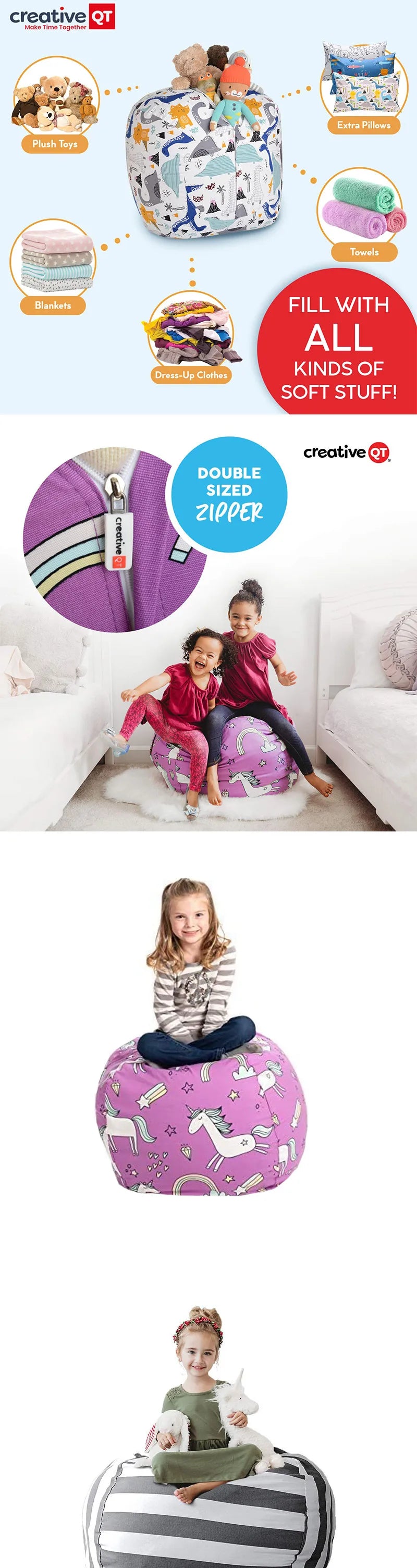 Printed Children's Plush Toy Storage Beanbag Set Comfortable Lazy Sofa Beanbag Storage Stuffed Chair Children's Toy Zipper
