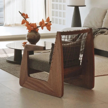 Medieval Style Solid Wood Rope Leisure Chair Retro Single Sofa Chair Wabi-sabi High-end Home Cafe Rattan Single Chair
