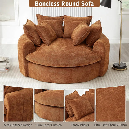 59.8" Modern Round Chaise Sofa Bed, Loaf Sofa with 8 Pillows, Upholstered Boneless Sofa for Living Room, Full-Compressed, Soft