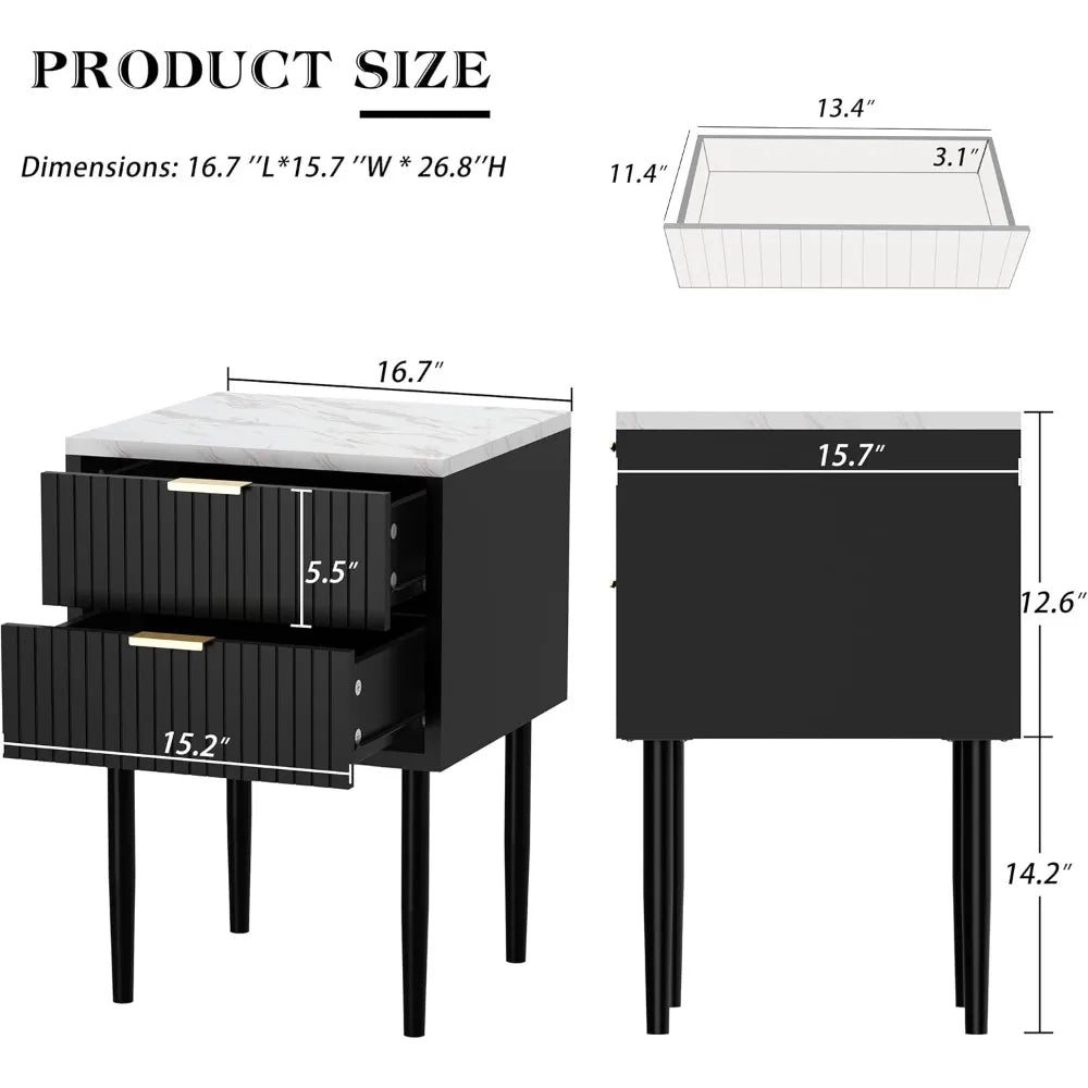 Black Marble Nightstands Set of 2 with Gold Handle, Striped Night Stand with Drawers, End Side Table with Faux Marble Top, 2 Dr