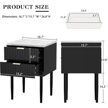 Black Marble Nightstands Set of 2 with Gold Handle, Striped Night Stand with Drawers, End Side Table with Faux Marble Top, 2 Dr