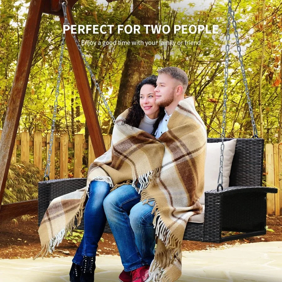 2-Seat Outdoor Porch Swing with Rattan Wicker Design and Solid Steel Chains Includes Comfortable Back and Seat Cushions in Beig