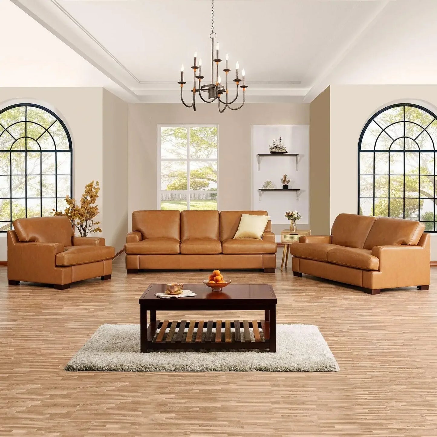 Hot salesSiggy Genuine Leather Sofa - Set of 3 Luxurious Comfort, Goose Feather Cushion Filling, Square Arm Design, Sturdy Block