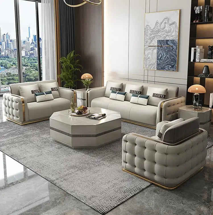 Contemporary Sectional Sofa Upholstered in Artificial Leather With Foam Cushion Victorian Style for Living Room