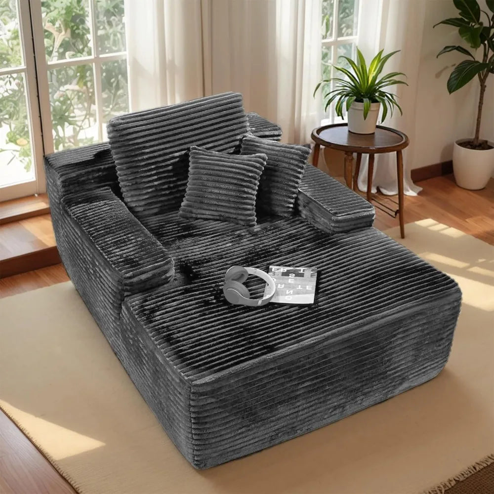 68'' chaise lounge chair indoor, gray corduroy boneless couch,reading cloud couches for bedroom living room fluffy oversized sof