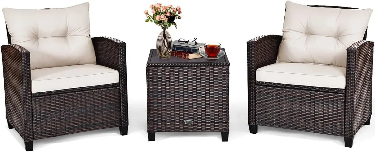 High quality  3 Pieces Patio Furniture Set, PE Rattan Wicker 3 Pcs Outdoor Sofa Set w/Washable Cushion and Tempered Glass Tablet