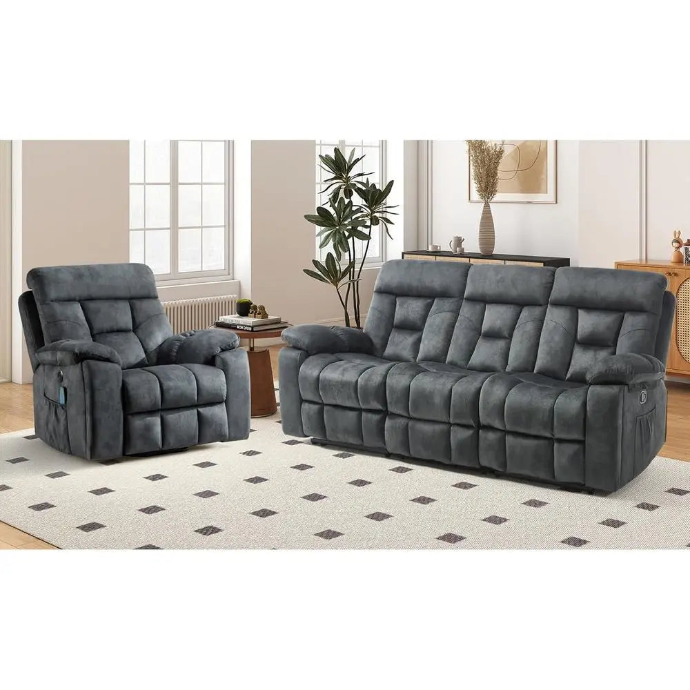 2 Piece Reclining Living Room Set, Sot abric Recliner Soa urniture Set, Included Power Lit Recliner Chair with Massage and Heat