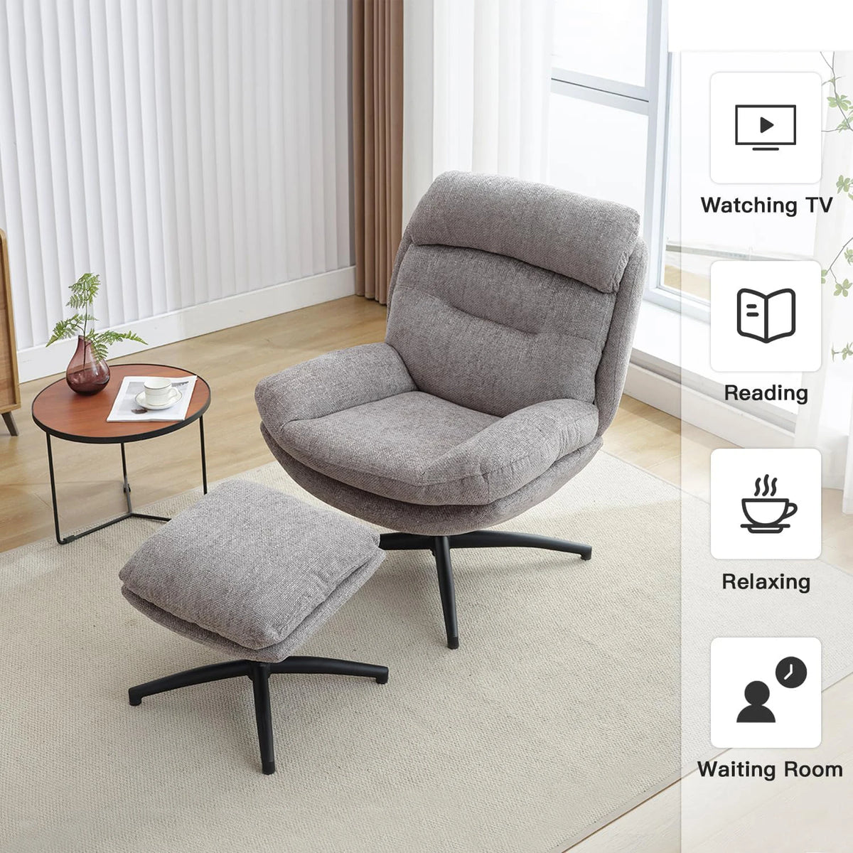 TODRANI 360° Swiveling Tilting Chenille Accent Chair with Ottoman Comfy Modern Armchair for Living Room Reading TV Lounge Chair