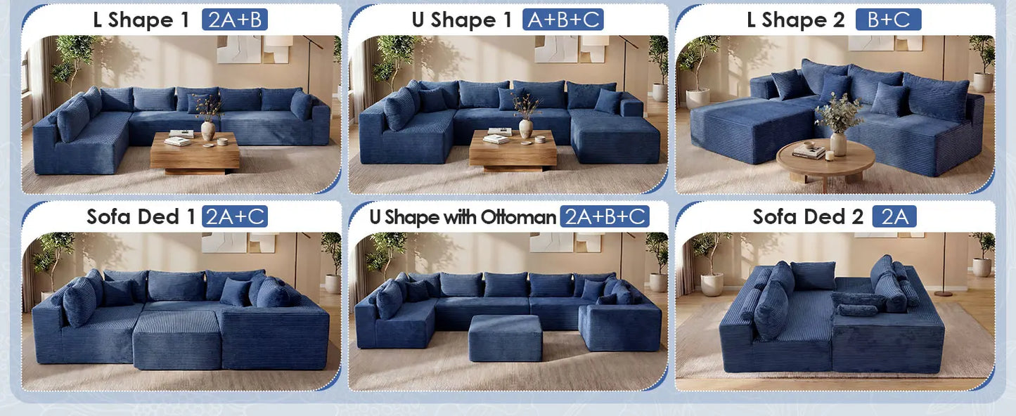 Redlife 107" Boneless Couch with Ottoman, 6 Seat Modular Sectional Sofa,Blue Corduroy Upholstery,28" Deep Seat,Removable Covers