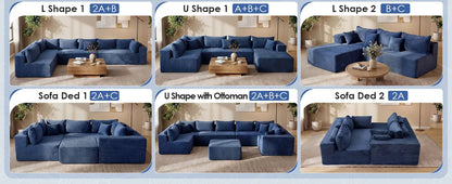 Redlife 107" Boneless Couch with Ottoman, 6 Seat Modular Sectional Sofa,Blue Corduroy Upholstery,28" Deep Seat,Removable Covers
