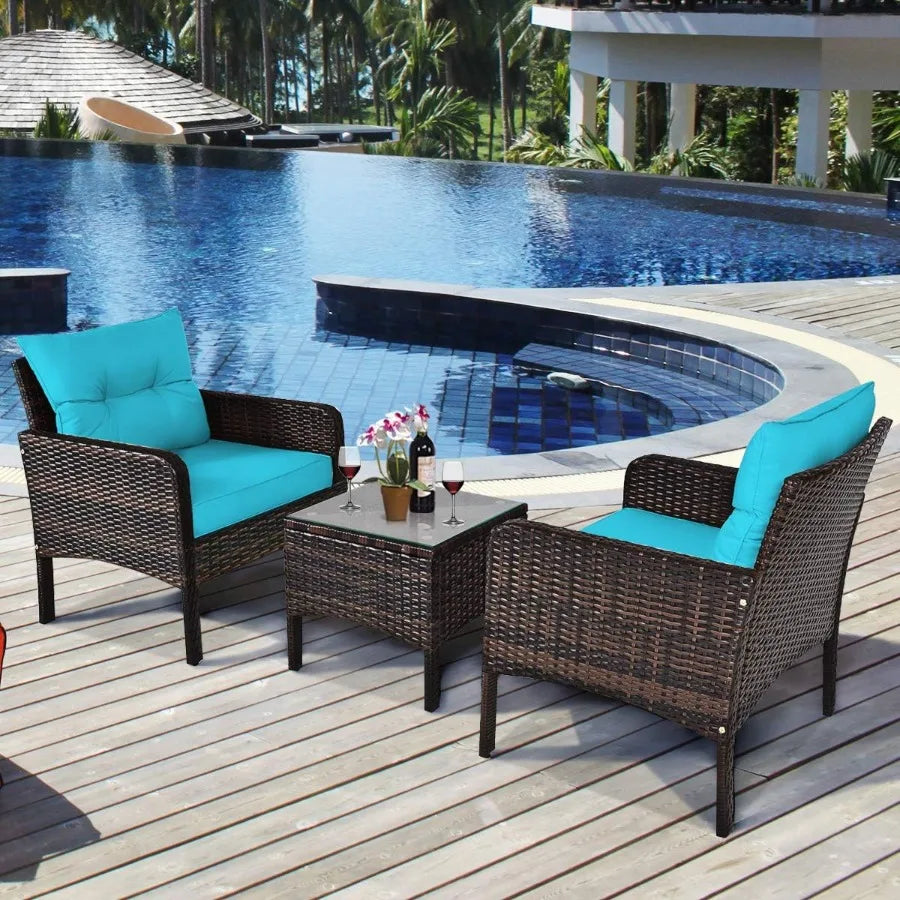 3 Piece Wicker Chairs with Glass Top Coffee Table Thick Cushions for Outdoor Patio Garden Lawn Poolside Backyard Porch