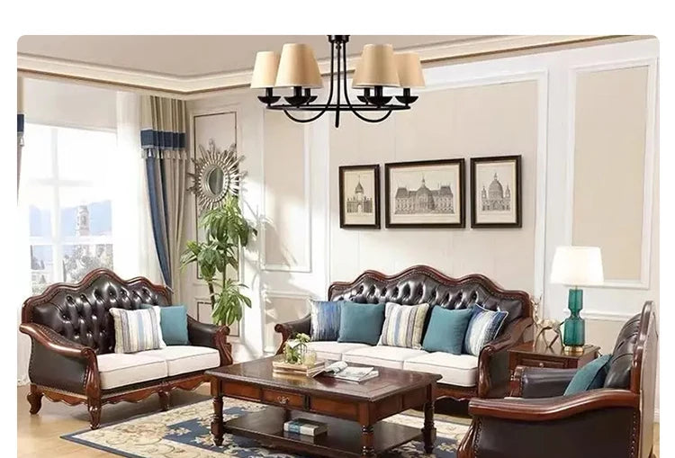 4*American all-solid wood leather sofa European double triple retro modern simple