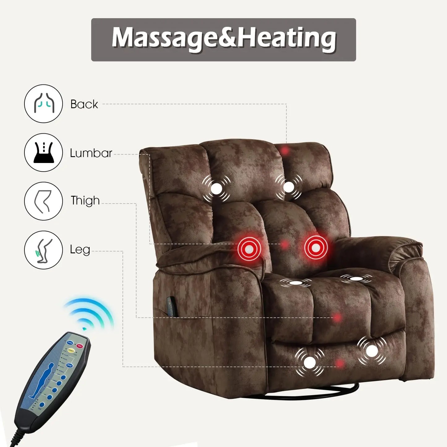 Oversized Rocker Recliner with Heat & Massage Manual Swivel Soft Fabric Brown, Customized