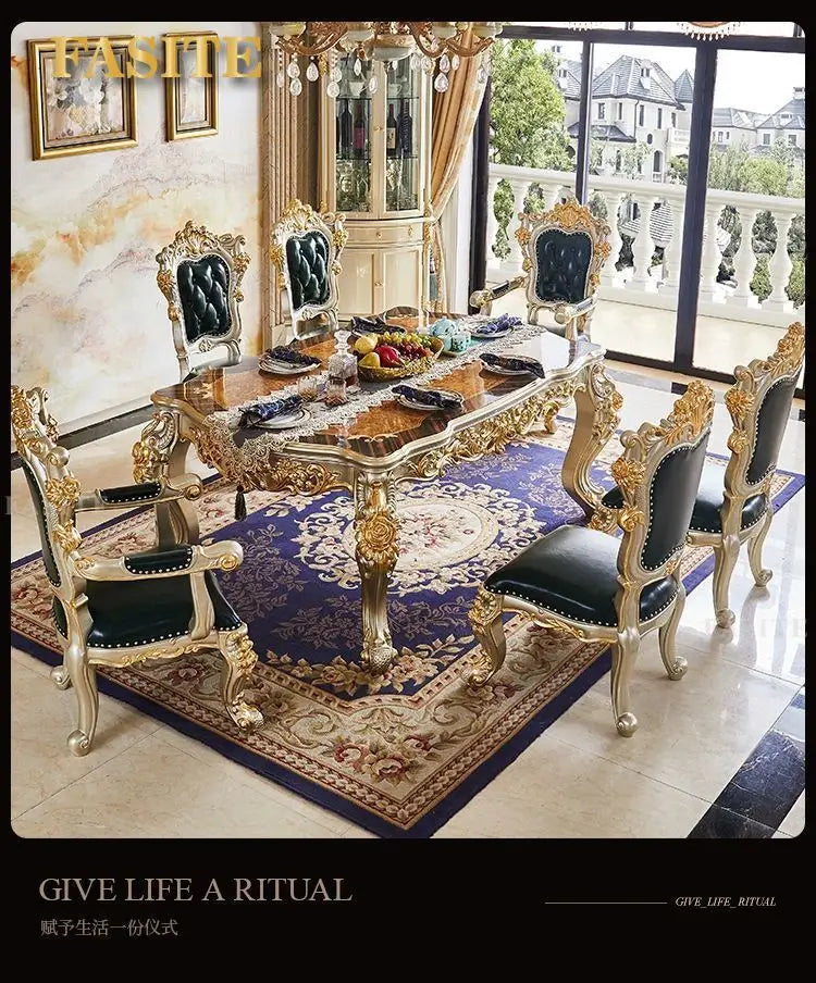 Premium European-style combination dining table and chairs all solid wood flower villa large-sized restaurant