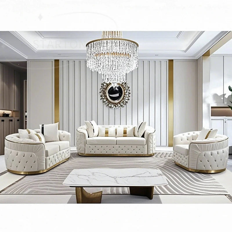 Factory Outlet European Luxury Rose Gold Leg White Chesterfield Sofa Velvet Fabric Button Tufted Living Room Couch Set Furniture