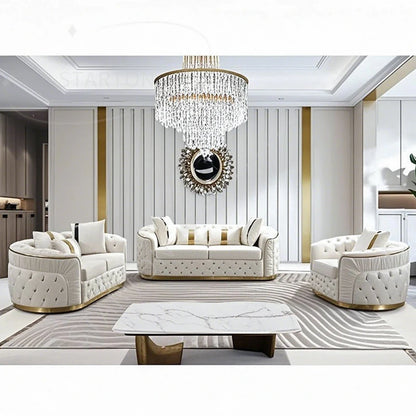 Factory Outlet European Luxury Rose Gold Leg White Chesterfield Sofa Velvet Fabric Button Tufted Living Room Couch Set Furniture