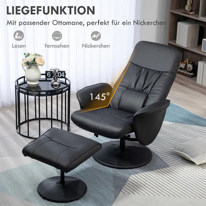 Reclining armchair with footstool, TV armchair, swivel upholstered armchair for living room, bedroom, faux leather, black