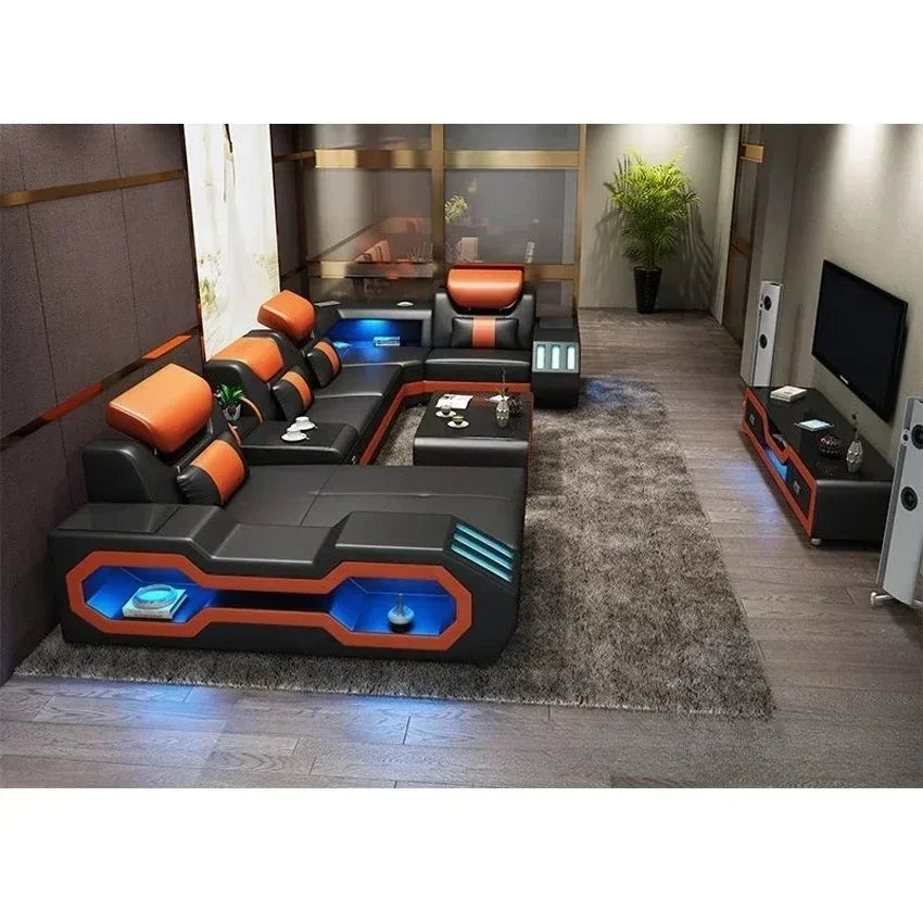 LED Lighted Sofa Set with Recliner, Speaker & USB Ports | Genuine Leather Sectional Couch with Console & Adjustable Headrests