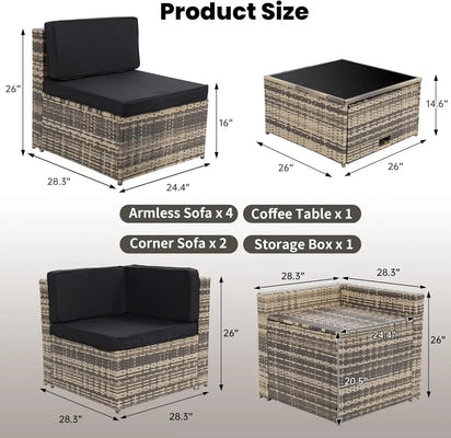 8 Pieces Outdoor Wicker Rattan Patio Furniture Sectional Set, Glass Top Table with Hidden Storage